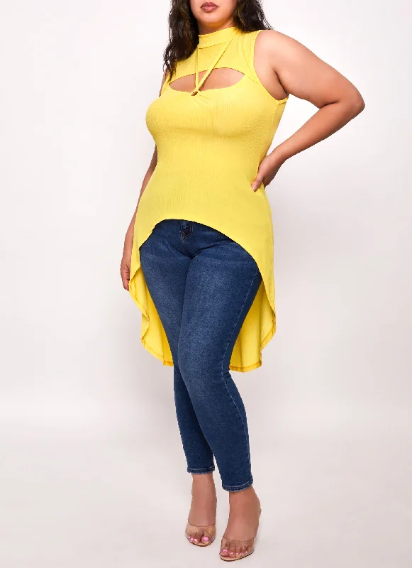 Plus Size Ribbed O Ring Cut Out High Hem Top